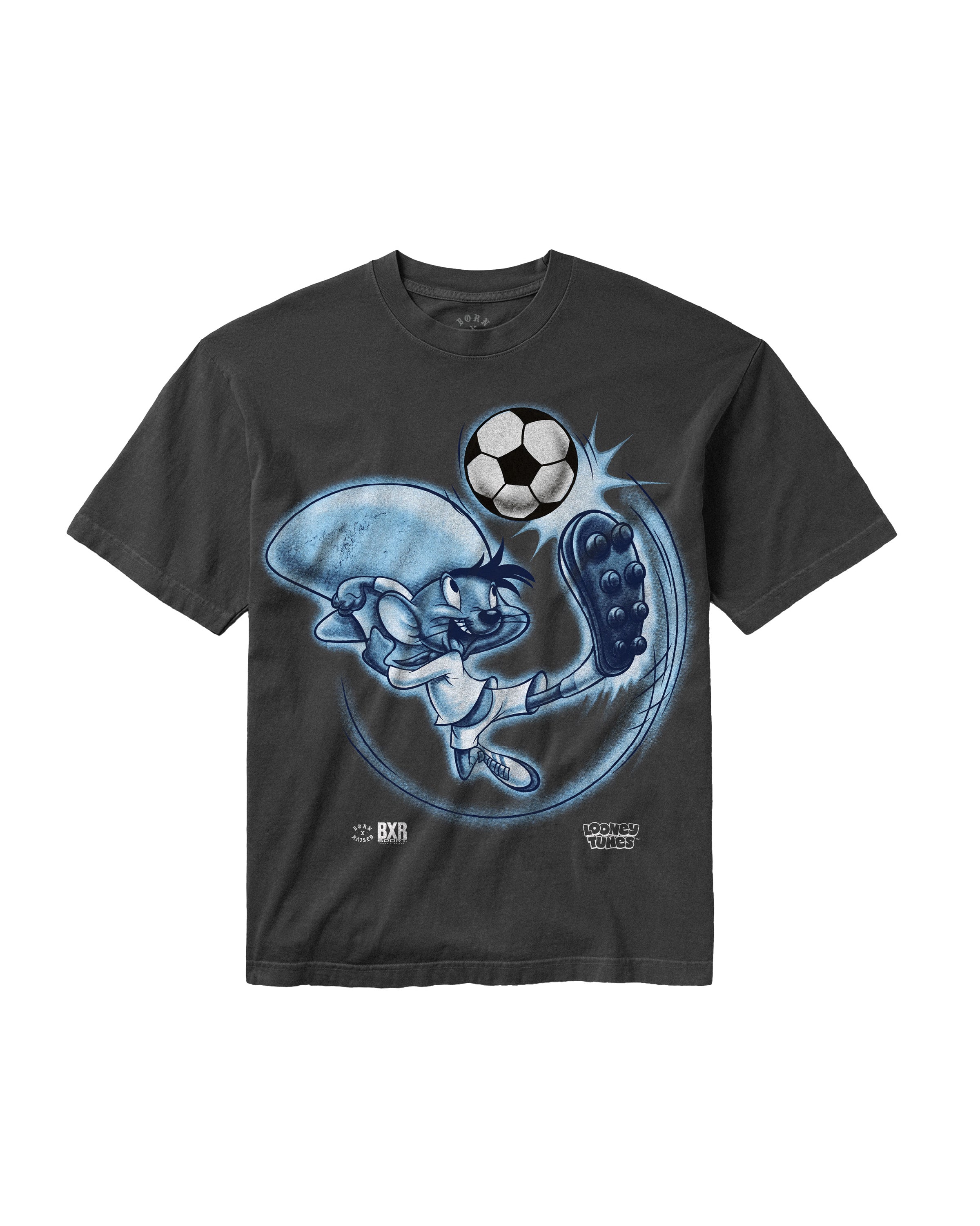 BORN X RAISED + LOONEY TUNES SPEEDY SOCCER TEE: VINTAGE BLACK