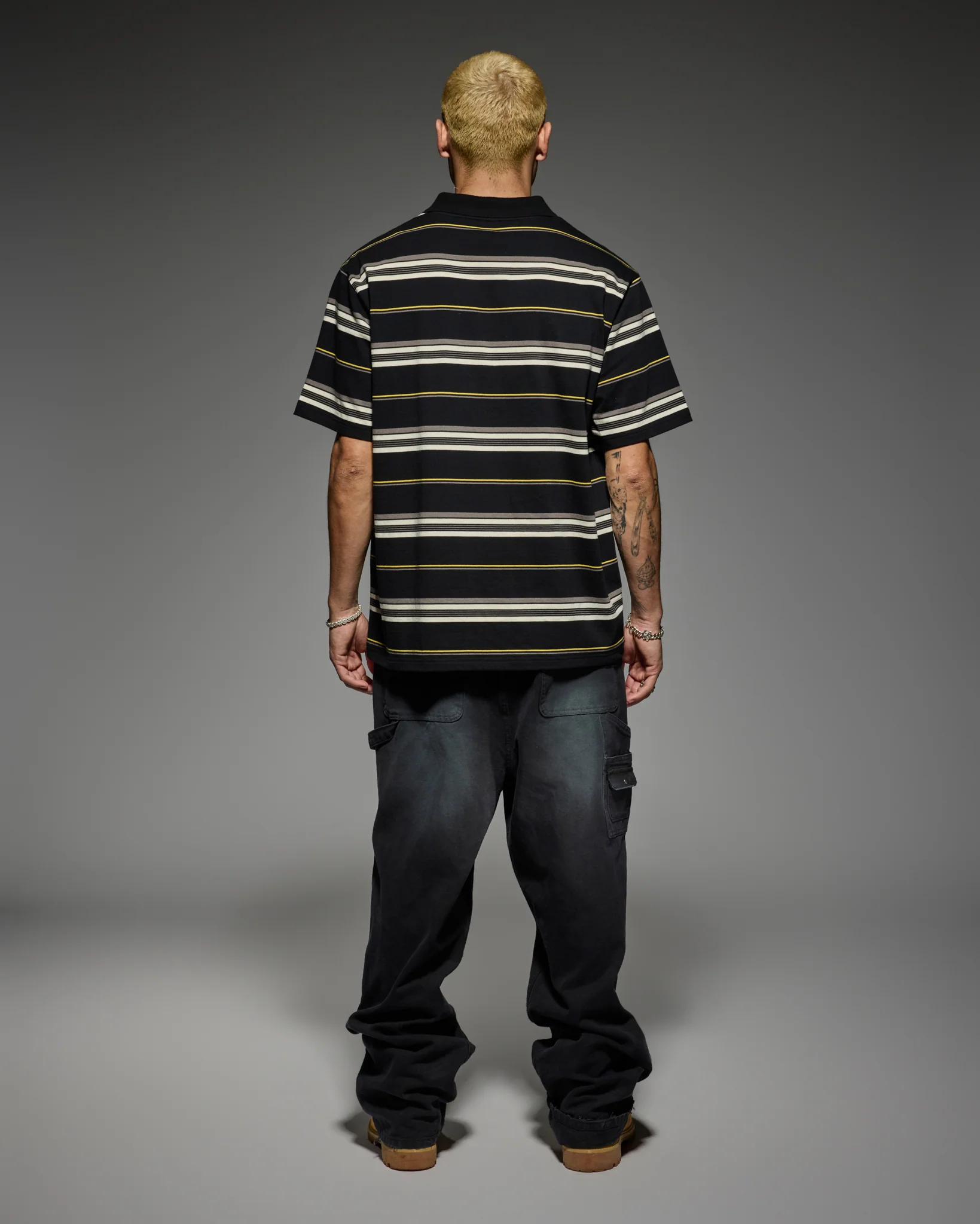 CHARLIE BROWN POLO SHIRT: BLACK / GOLD / CREAM - Image 5