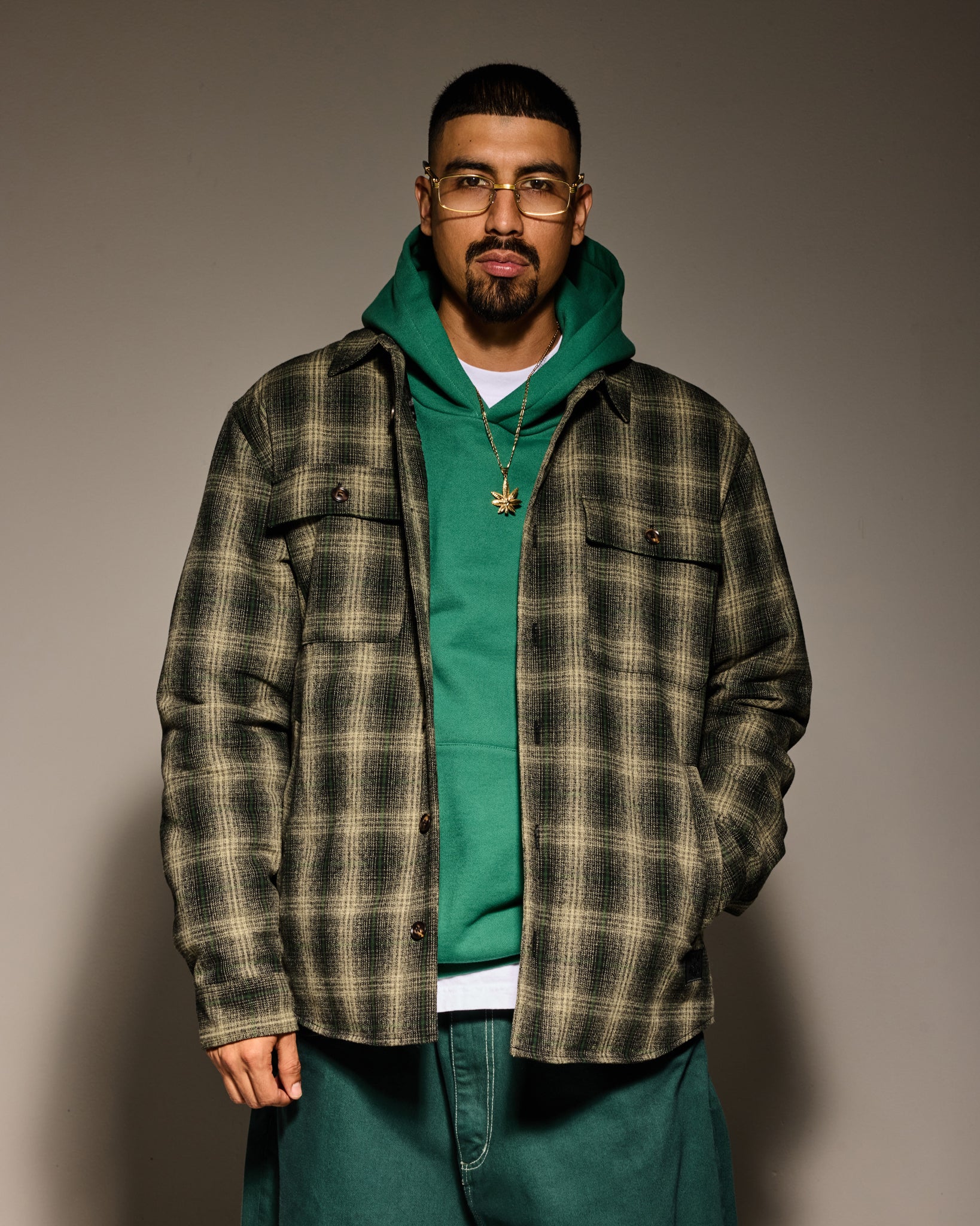 OVERSIZED FLANNEL SHIRT JACKET: GREEN / BLACK - Image 8